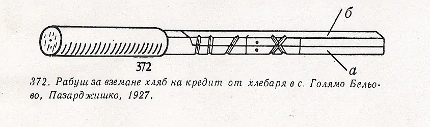 Архивна рисунка на двуделен рабош за вземане на хляб на кредит